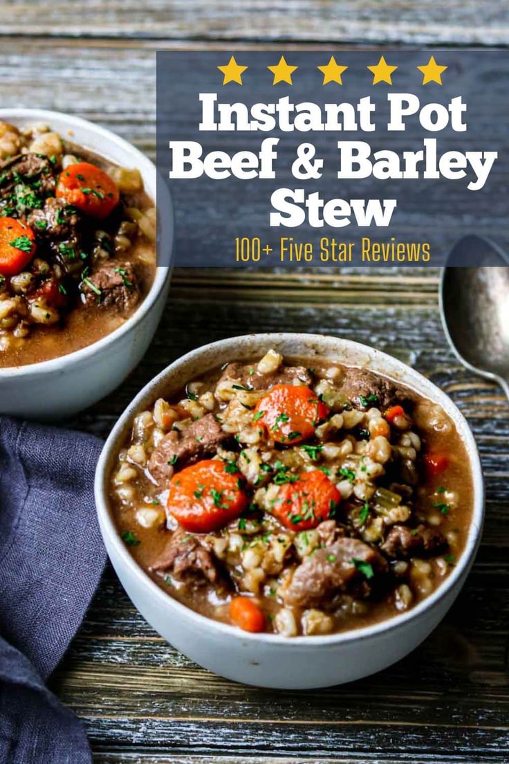 two bowls of instant pot beef and barley stew on a wooden table with spoons