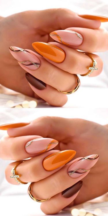 Acrylic Nails Glossy, Fall Press On Nails, Orange Acrylic Nails, Cover Nails, Almond Press On Nails, Kutek Disney, Unghie Sfumate, Orange Nail Designs, Nails Orange