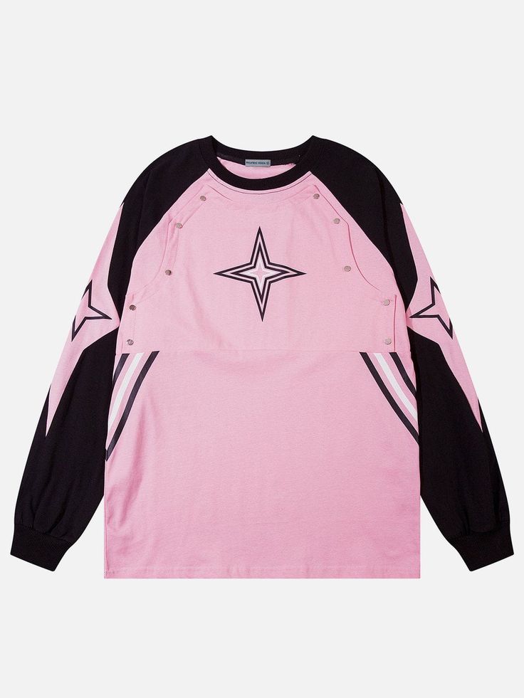 Top Streetwear Brand AelfricEden, Street fashion clothes shopping online, free shipping worldwide! Black And Pink Streetwear, Y2k Clothes Png, Clothing Brand Ideas, Pink Fashion Aesthetic, Swag Clothes, Y2k Sweatshirt, Crop Top Design, Star Patchwork, Patchwork Sweatshirt