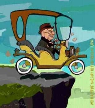 an animated image of a man driving a golf cart on the side of a cliff