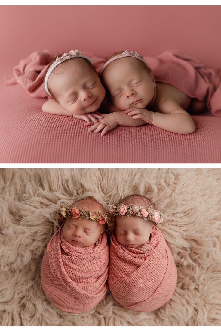 two newborn babies laying on top of each other in pink blankets and wearing headbands