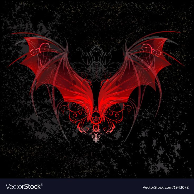 a red bat on a black background with swirls and leaves in the shape of a heart