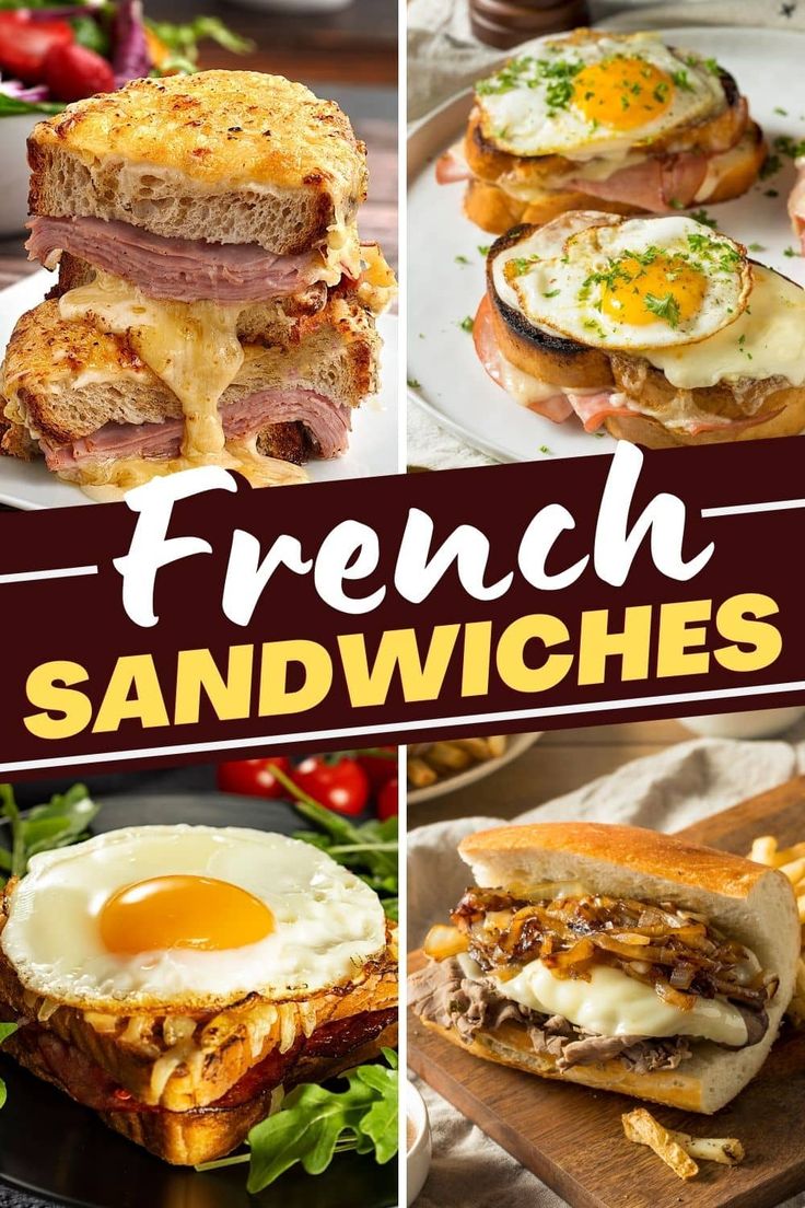 french sandwiches with eggs, meat and cheese on them are shown in this collage