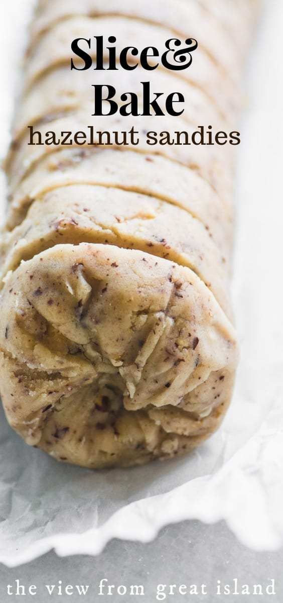 a close up of a pastry on a piece of paper with the words slice and bake hazelnut sandwiches