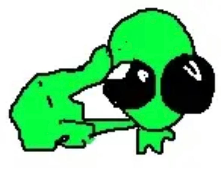 an image of a green alien with eyes and hands on his head looking at something