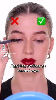 Make Up For Long Faces, Hooded Eye Pink Makeup, Eyeliner On Hooded Eyes How To Apply, Protruding Eyes Eyeliner, Heavy Lidded Eye Makeup, How To Draw Inner Corner Eyeliner, Eyeliner For Protruding Eyes, How To Apply Eyeliner For Hooded Eyes, Eyeliner For Upturned Eyes