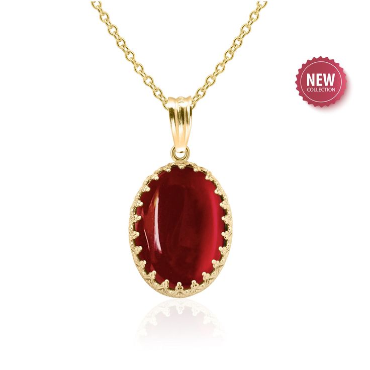 Reminiscent of old warm charm, our large ruby pendant necklace is a unique July birthstone or 15th/40th Anniversary gift. Featuring a AAA quality 18x13mm oval-shaped lab created ruby cabochon in an ornate setting. Available in 14K gold filled and sterling silver. Select chain length for a customized fit. Celebrate sophistication while embracing sustainability with lab-created rubies. These gemstones boast the same fire and brilliance as mined rubies without the environmental impact. Sustainable Statement: PRODUCT INFORMATION - METAL: 14K Gold Filled or Sterling Silver     - PENDANT LENGTH: 1.2 Inch / 35 mm (excluding chain) - PENDANT WIDTH: 0.59 Inch / 15 mm - CHAIN: TYPE: Rolo - CHAIN THICKNESS: 2.2 mm - CHAIN LENGTH - Choice of 16 / 18 / 20 / 24 / 30 Inch - CHAIN CLASP - Lobster Clasp GE Anniversary Necklace With Oval Cabochon Pendant, Formal Ruby Birthstone Necklace, Yellow Gold Cabochon Necklace For Anniversary, Anniversary Oval Pendant Necklace With Cabochon, Anniversary Yellow Gold Cabochon Necklace, Oval Ruby Necklaces For Anniversary, Fine Jewelry Cabochon Necklaces For Anniversary, Anniversary Fine Jewelry Necklace With Cabochon, Anniversary Fine Jewelry Cabochon Necklace