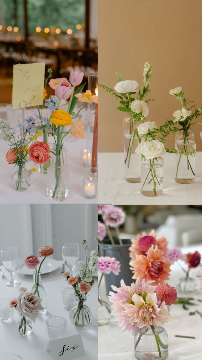 four different vases filled with flowers on top of a table