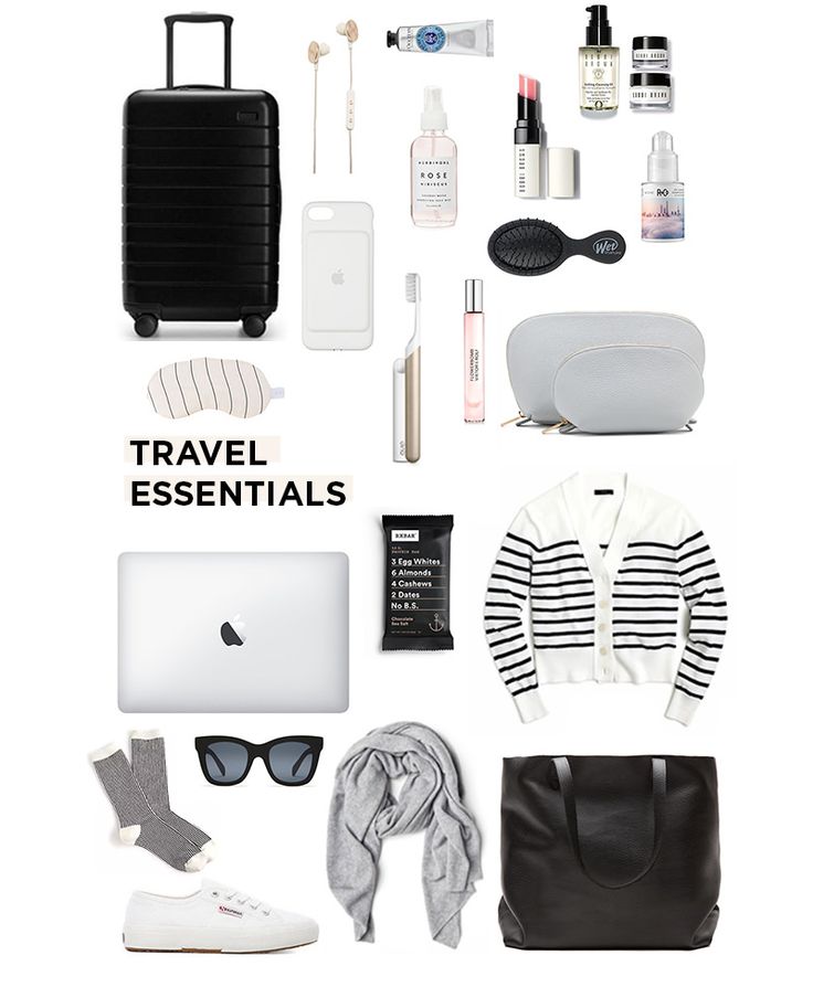 travel essentials arranged in black and white with text overlay that reads travel essentials