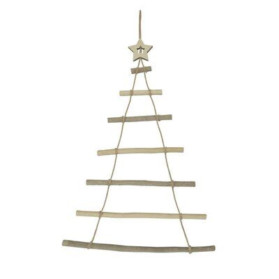 a wooden christmas tree hanging from a rope with a star on it's top