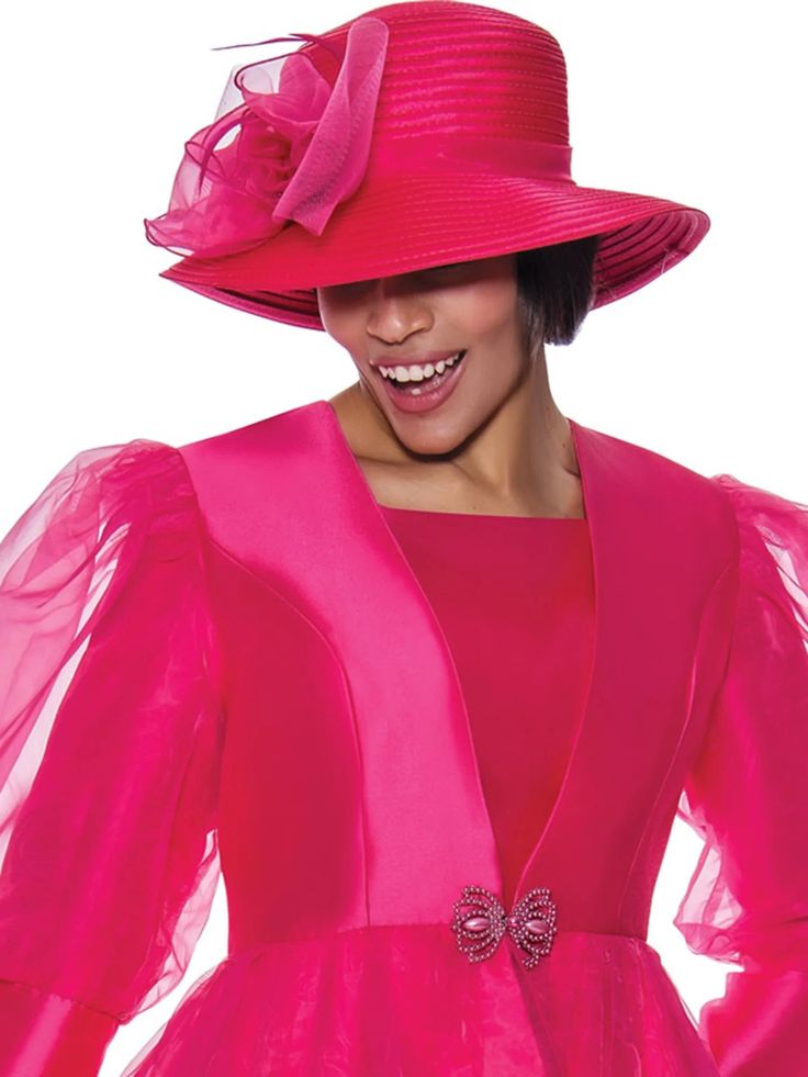 GMI H9762 1 piece HAT Colors: Hot Pink, White Matching Skirt Suit available GMI 9762 Pink Mini Hats For Church, Pink Brimmed Hat For Church, Elegant Pink Brimmed Costume Hats, Pink Wide Brim Hat With Upf 50+, Elegant Pink Brimmed Hats, Church Suits And Hats, Church Attire, Church Suits, Skirt Suit