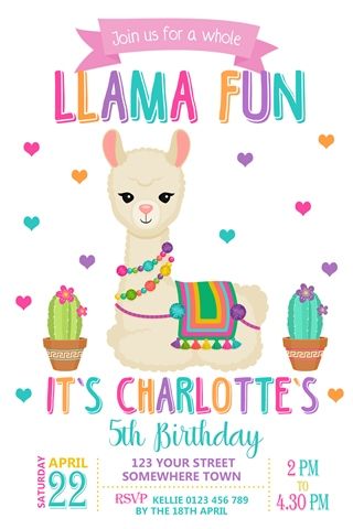 an alpaca birthday party with the name lamaa fun on it's card