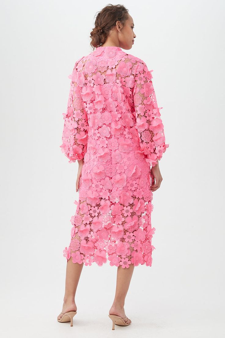 BOHEME DRESS – Trina Turk Pink Lace Midi Dress For Spring, Spring Pink Lace Midi Dress, Spring Knee-length Dress With Lace Sleeves, Knee-length Spring Dress With Lace Sleeves, Knee-length Dress With Lace Sleeves For Spring, Spring Midi Lace Dress, Spring Midi Lace Dress With Lace Sleeves, Spring Midi Dress With Lace Sleeves And Knee-length, Feminine Lace Midi Dress For Spring