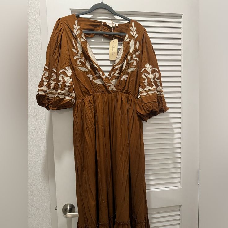 Brand: Anthropologie Size: Xl New With Tags Mid-length Rayon Dresses For Beach, Spring Brown V-neck Dress, Brown Short Sleeve Midi Dress For Date Night, Mid-length Rayon Dress For Vacation, Rayon Maxi Dress For Date Night, Elegant Boho Midi Dress For Day Out, Short Sleeve Lined Midi Dress For Vacation, Brown Midi-length Maxi Dress For Beach, Brown Midi Length Maxi Dress For The Beach