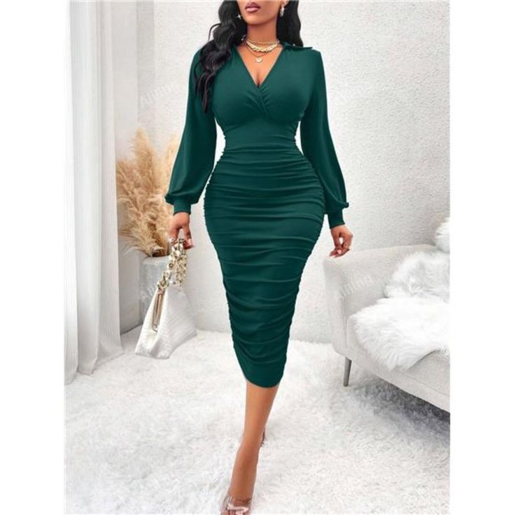 -Item Id 28120959 -Details: Ruched, Wrap -Neckline: V Neck -Sleeve Type: Bishop Sleeve -Style: Elegant -Type: Bodycon -Waist Line: High Waist -Hem Shaped: Pencil -Color: Dark Green -Pattern Type: Plain -Sleeve Length: Long Sleeve -Fit Type: Regular Fit -Length: Long -Material: Fabric -Composition: 93% Polyester, 7% Elastane -Care Instructions: Machine Wash Or Professional Dry Clean -Sheer: No -Fabric: Medium Stretch -Body: No -Pockets: No -Belt: No -Lined For Added Warmth: No **Open To Offers!!! Fall V-neck Ruched Midi Dress, Green Midi Dress With Gathered Sleeves For Party, Green Ruched Midi Dress For Fall, V-neck Midi Dress With Gathered Sleeves For Night Out, Fitted Green Midi Dress With Gathered Sleeves, Knee-length Ruched Bodycon Dress For Brunch, Green Ruched Knee-length Bodycon Dress, Fall Ruched V-neck Midi Dress, Ruched V-neck Bodycon Dress For Brunch