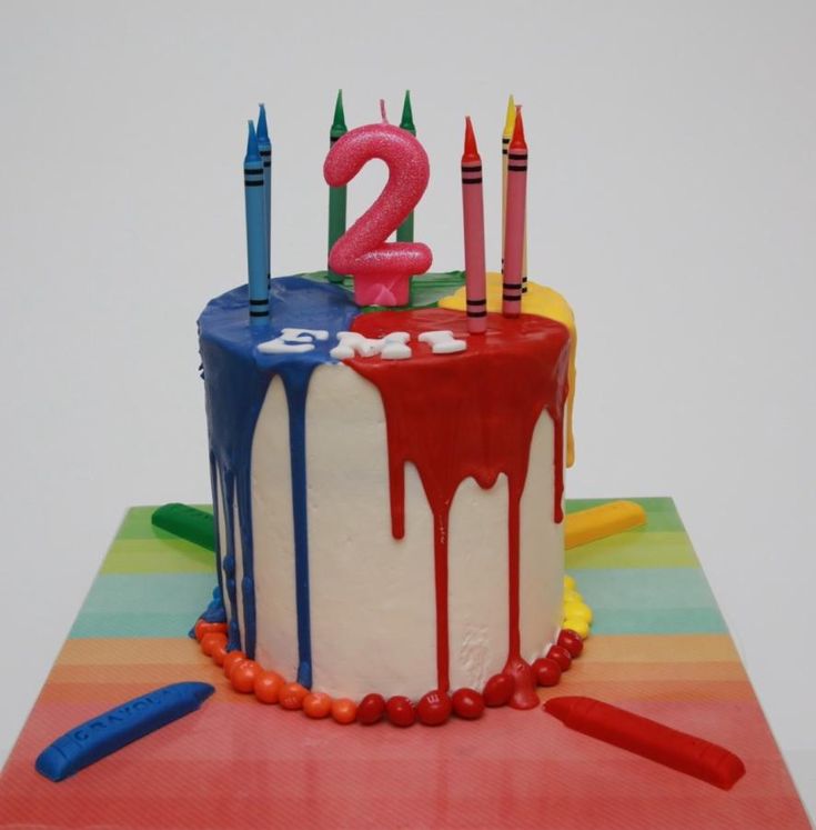 the birthday cake is decorated with candles and icing