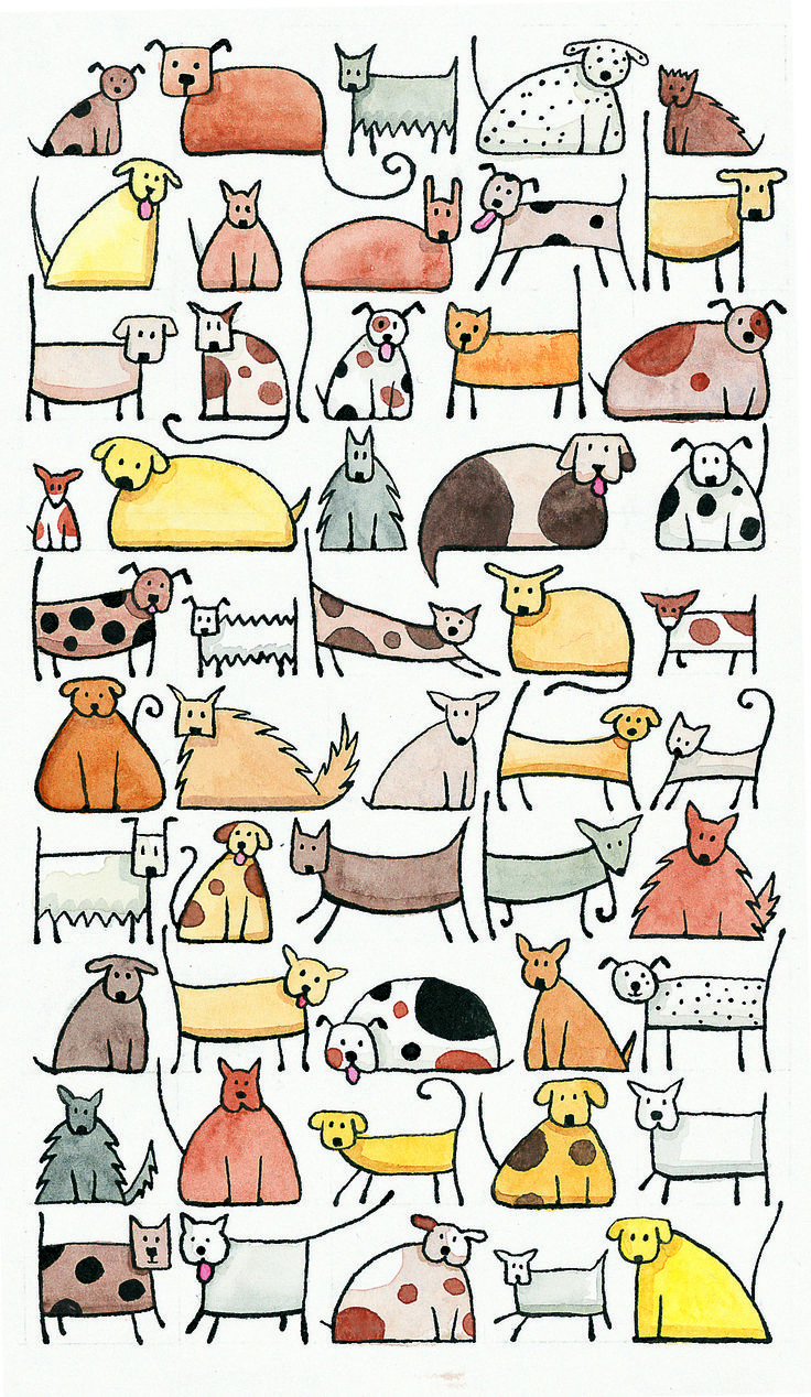 a drawing of dogs and cats in different colors