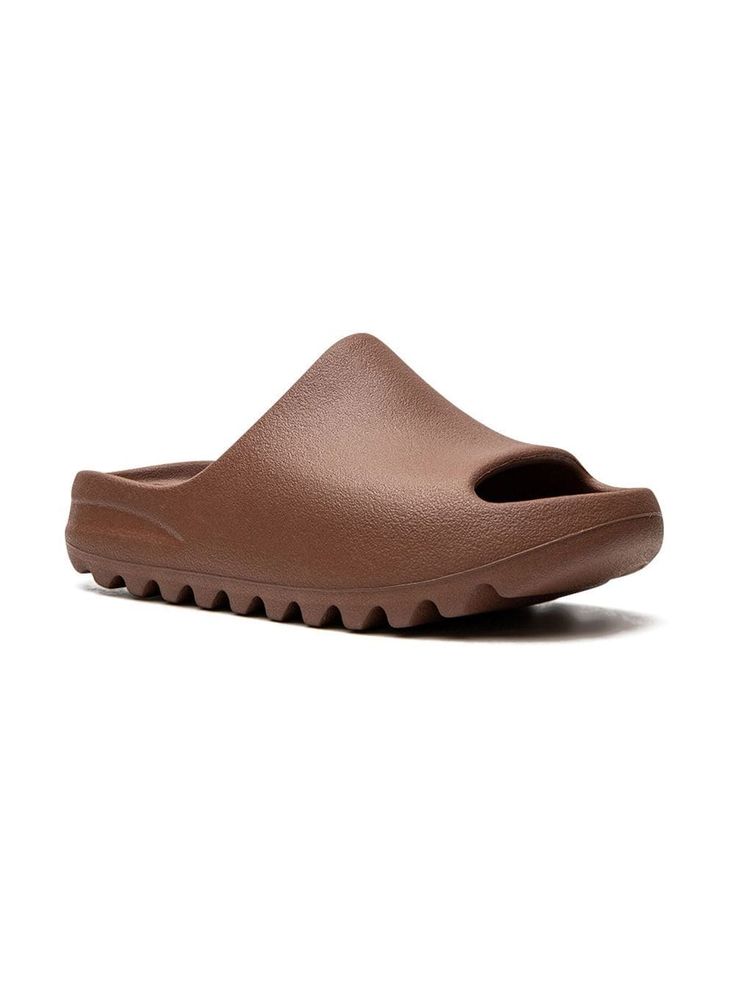 brown open toe branded insole slip-on style rubber sole Brown Slip-on Slides, Brown Slides With Rubber Sole And Round Toe, Comfortable Brown Slides With Rubber Sole, Brown Rubber Sole Slip-on Slides, Brown Slide Sandals With Textured Sole, Brown Slip-on Slides With Rubber Sole, Brown Textured Slide Sandals, Comfortable Open Toe Slides For Streetwear, Textured Sole Slides For Streetwear