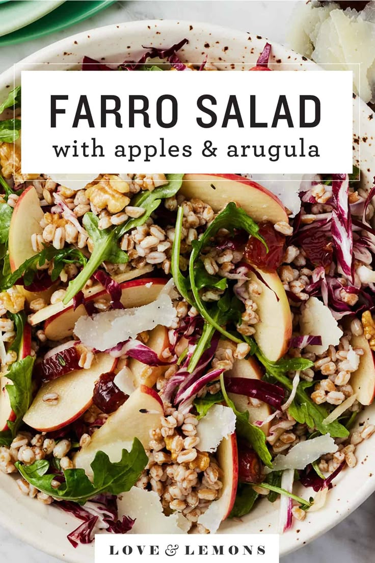 faro salad with apples and arugula in a white bowl on a marble table