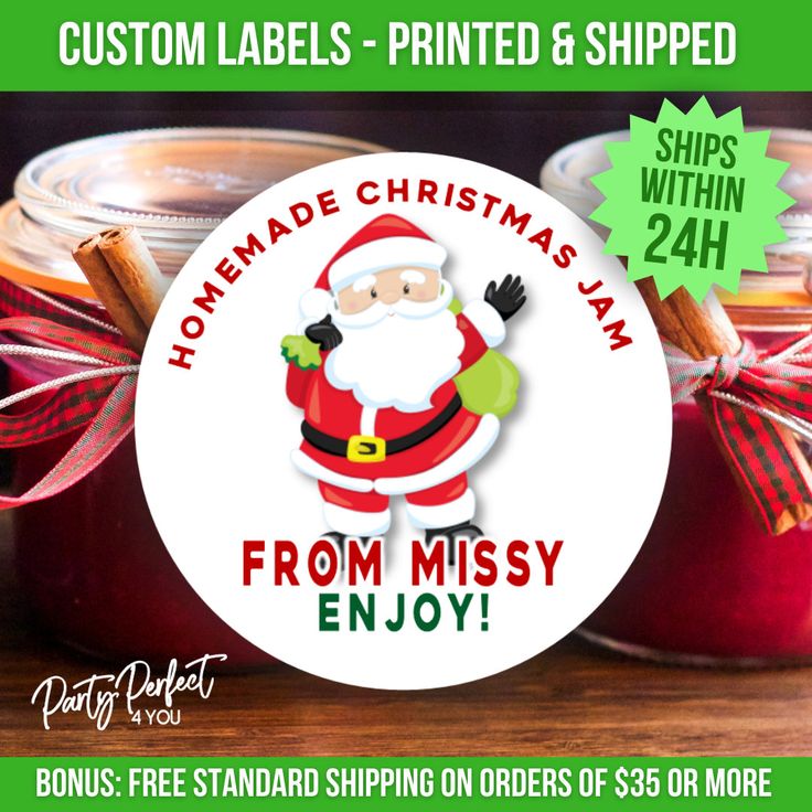 two jars filled with homemade christmas jams and the label says, custom labels - printed & shipped