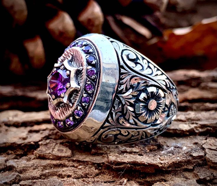 Our handcrafted ring is pen embroidered. Purple Color Stone,Oval Stones Amethyst  Gemstones Ring , Engraver Ring, Healing Stone,Silver Men Ring,Eight-Pointed men ring, Silver Men Ring Natural stones ring, Christmas gift, New year gift What is Amethyst? Amethyst is a purple variety of quartz. It is part of the hexagonal crystal system. Amethyst is a semiprecious stone with a vitreous or glassy luster. It often comes in shades of violet and purple. The meaning of Amethyst is spiritual healing, cal Mens Engagement Rings Diamond, Blue Aquamarine Ring, Ancient Greek Words, Shades Of Violet, Mens Silver Jewelry, Silver Men Ring, Crystal Guide, Ring Purple, Mens Engagement