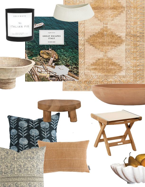 a collage of furniture and decor items including a bowl, table, lamp, rugs