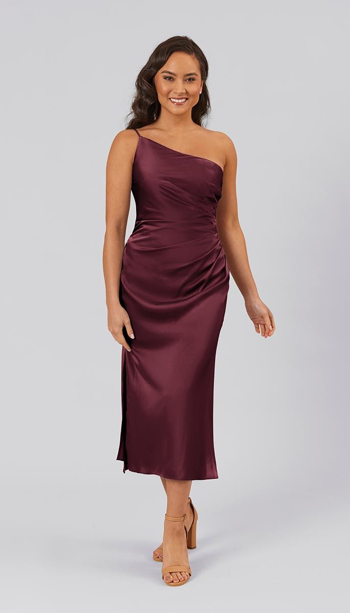 Burgundy|Lexi-Bridesmaid Dress-Kennedy-Blue One Shoulder Bridesmaid Dresses, One Shoulder Bridesmaid, Sisters Dress, Burgundy Bridesmaid Dresses, Bridesmaids Dress, Blue Satin, Dress Details, Satin Fabric, Bridesmaid Dress