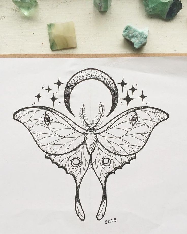 a drawing of a butterfly with stars on it's wings and the moon behind it