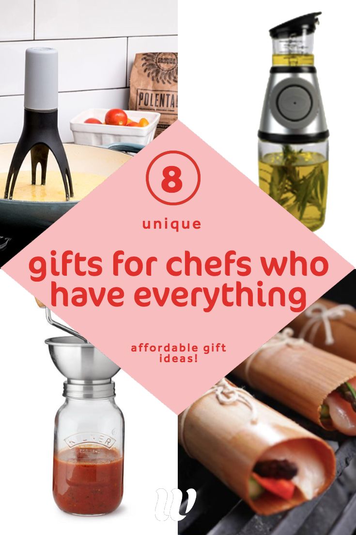 the words unique gifts for chefs who have everything on them are displayed above images of cooking utensils