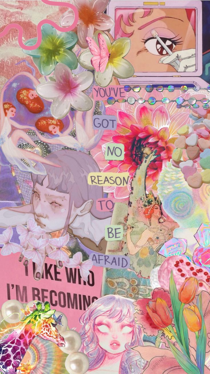 an altered collage with flowers and other things in pink, green, yellow and blue