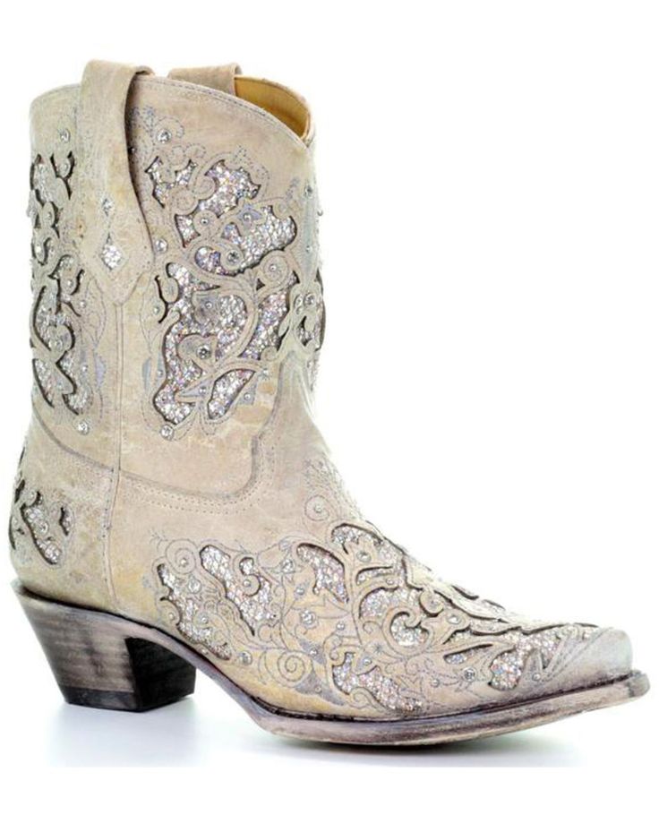 Corral Women's Metallic Glitter Inlay & Crystal Boots - Snip Toe, White Crystal Boots, Country Shoes Boots, Short Cowgirl Boots, Cowgirl Boots Wedding, Corral Boots Womens, Classic Black Boots, Country Shoes, White Cowboy Boots, Bota Country