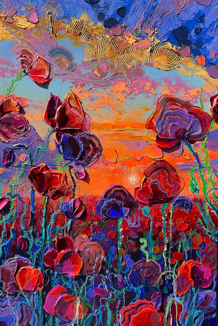 an abstract painting of red and purple flowers in front of a blue sky with clouds