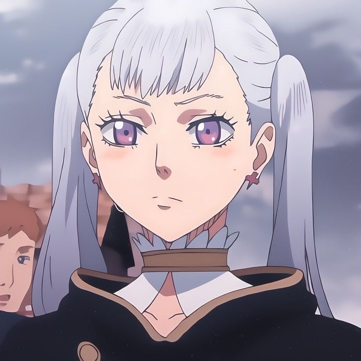 an anime character with white hair and blue eyes looks at the camera while two other characters look on