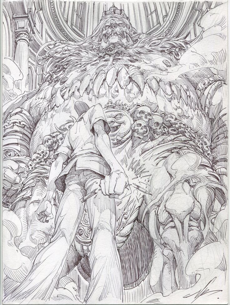 a black and white drawing of a man in front of a giant creature with his head down