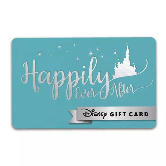 a disney gift card with the words happily ever after and a castle in the background