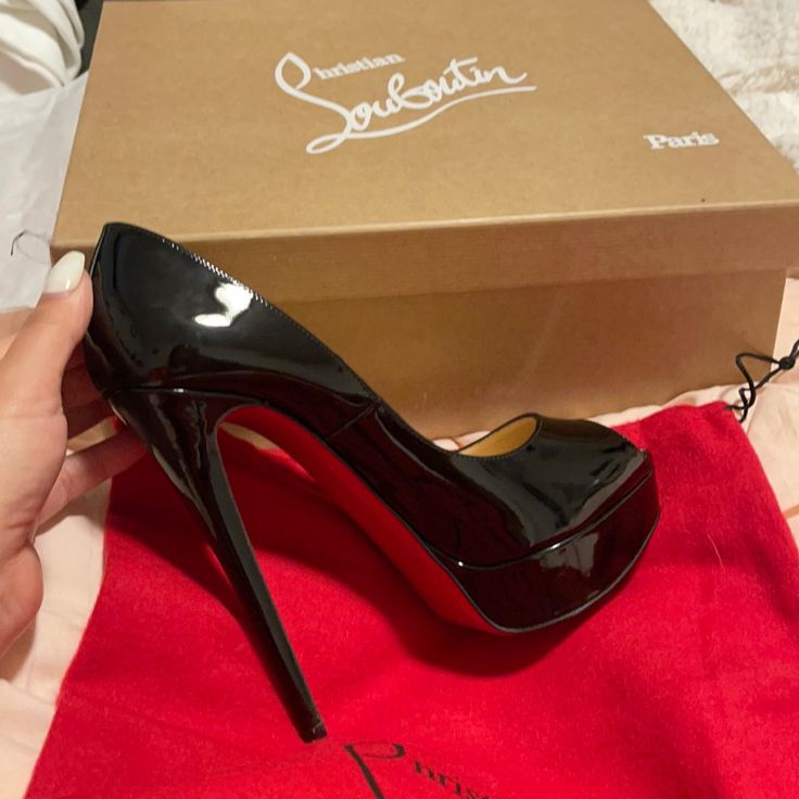 Never Worn! Brand New Peep Toe Platform Black And Red High Heels, Platform Louboutin Heels, Red Bottom Outfits, Heel Ideas, Louis Vuitton Heels, Red Bottom Heels, Luxury Heels, Heels Aesthetic, Black Peep Toe Heels