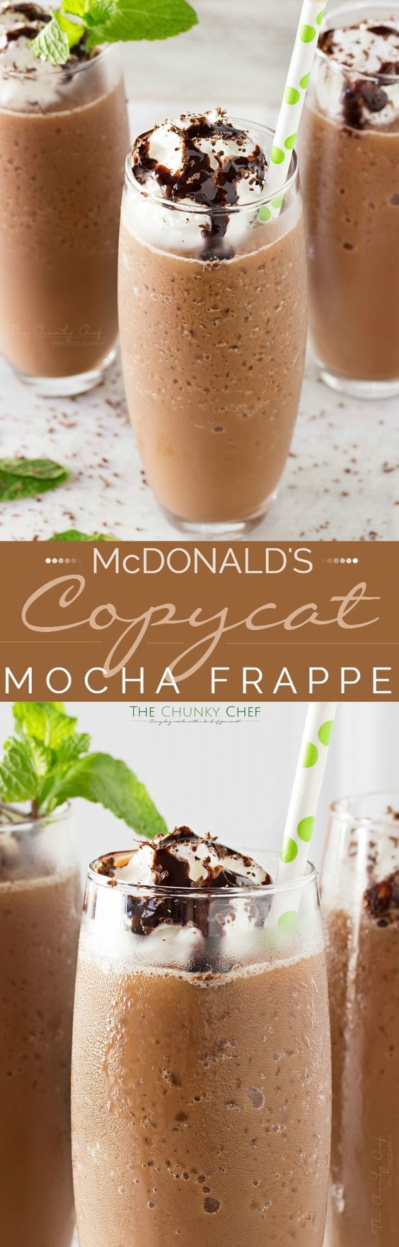 three glasses filled with chocolate mochata and topped with whipped cream, mint sprigs