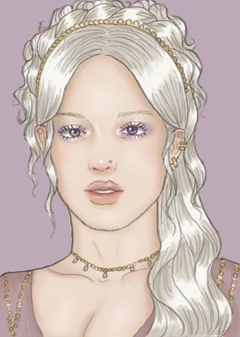 a drawing of a woman with long white hair and purple eyes wearing a tiara