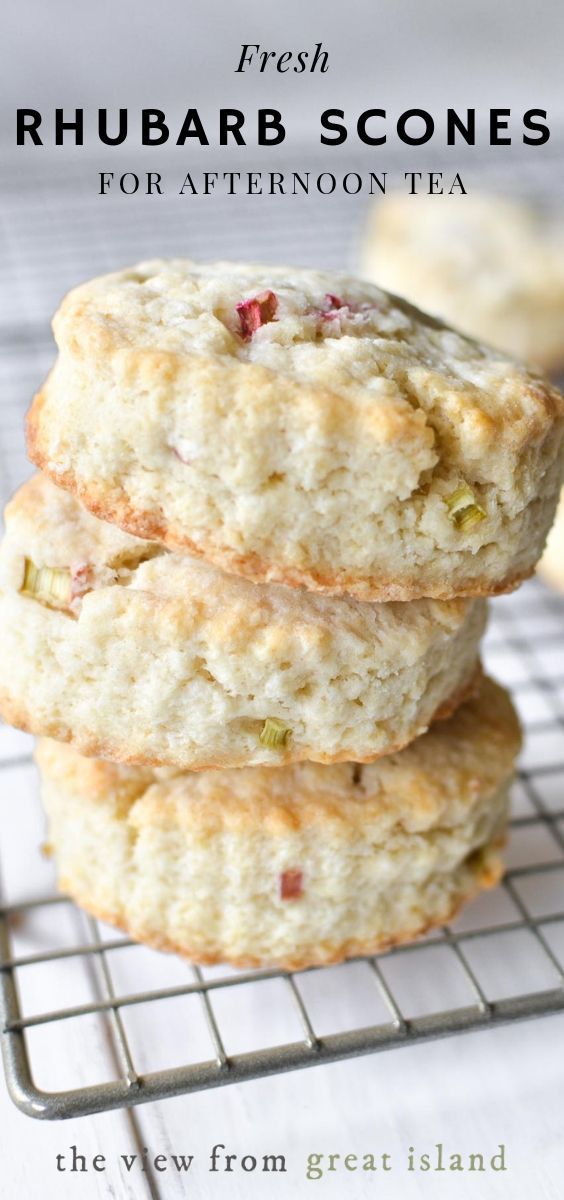 three biscuits stacked on top of each other with text overlay reading fresh rhubarb scones for afternoon tea the view from great island