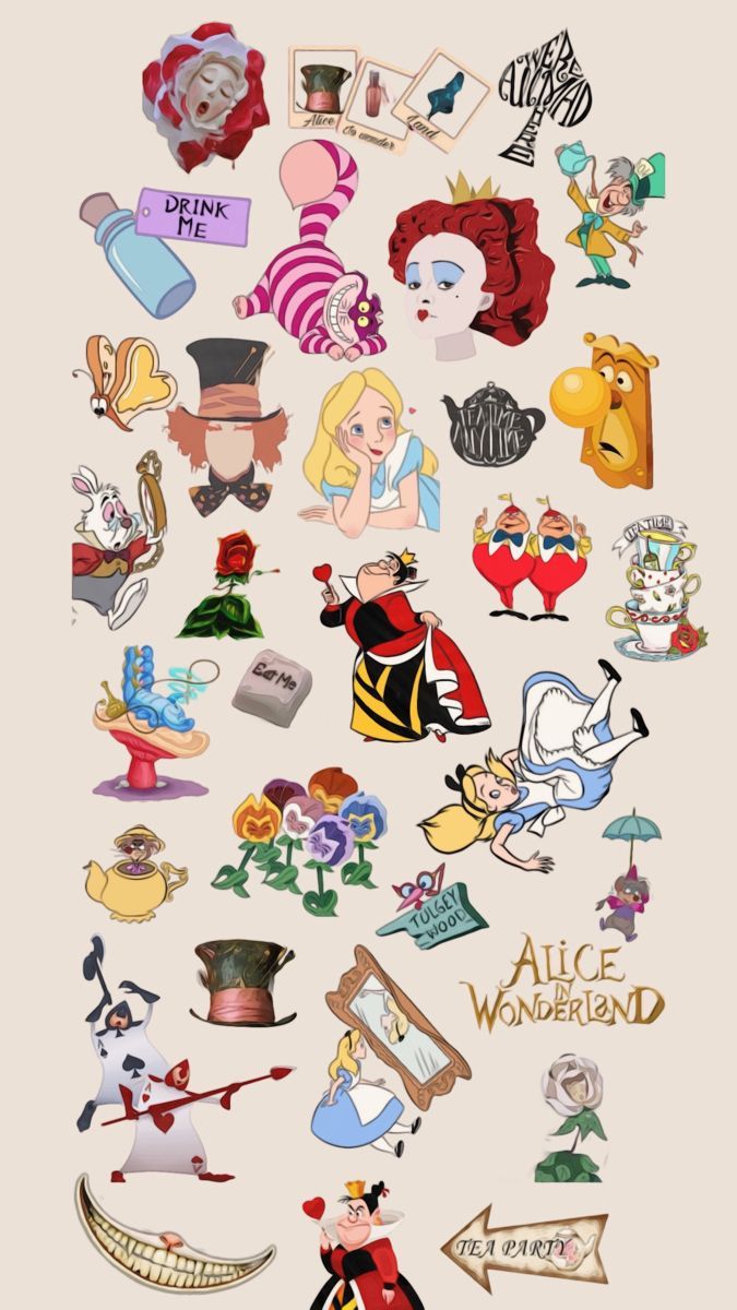 an image of many different cartoon characters on a white background with the words alice and wonderland written