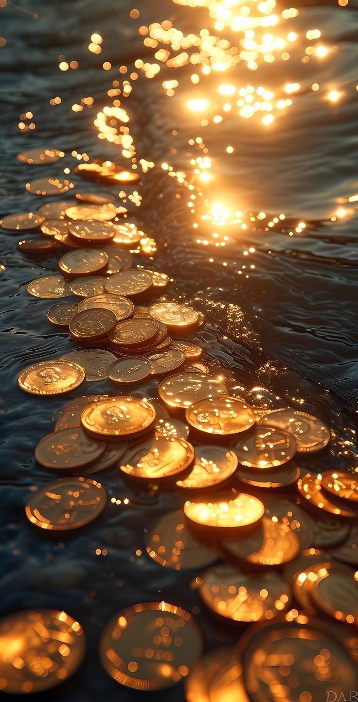 the sun shines brightly over water with coins floating on it's surface in the foreground