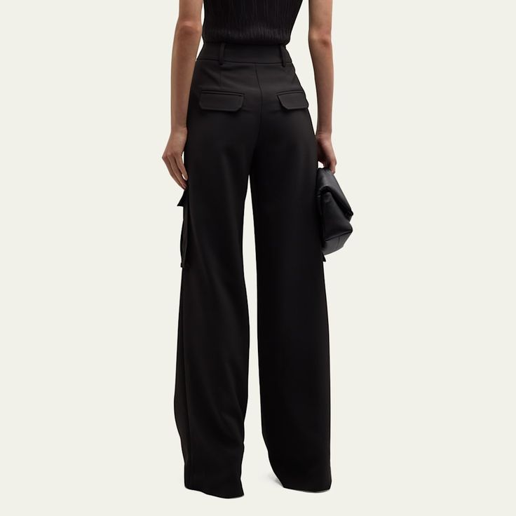 Veronica Beard "Saul" crepe straight-leg cargo pants  Approx. 11.4" rise; 34" inseam; 23.5" outseam High rise Four-pocket style; cargo pockets Tailored fit Full length Concealed button/zip fly; belt loops Polyester/elastane Unlined Dry clean Imported Workwear Full-length Cargo Pants With Side Pockets, Fitted Wide-leg Pants With Flap Pockets, High-waisted Workwear Bottoms With Flap Pockets, Fitted Wide Leg Pants With Flap Pockets, High-waisted Pants With Flap Pockets For Work, Wide-leg Workwear Cargo Pants With Multiple Pockets, Workwear Wide-leg Cargo Jeans With Side Pockets, Wide-leg Cargo Jeans With Multiple Pockets For Work, Wide-leg Cargo Pants With Multiple Pockets For Workwear