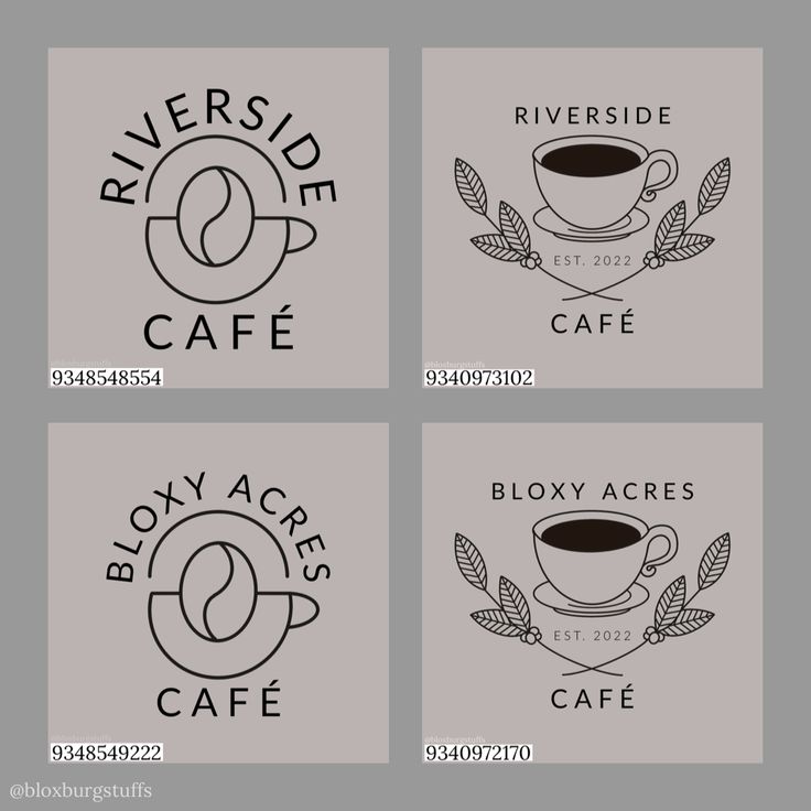 four logos for coffee shops and cafes, with the words riverside cafe on them