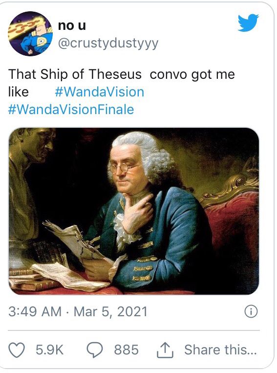 an image of a man that is reading a book and has the caption'that ship of theseus convo got me like ryan d vandavisionon / vision