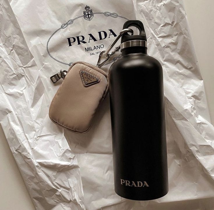 A Prada water bottle, coin bag, and paper bag. Prada Bottle Water, Old Money Water Bottle, Expensive Water Bottle, Prada Water Bottle Aesthetic, Prada Water Bottle, Luxury Influencer, Instagram Pic Ideas, Aesthetic Money, Digital Content Creator