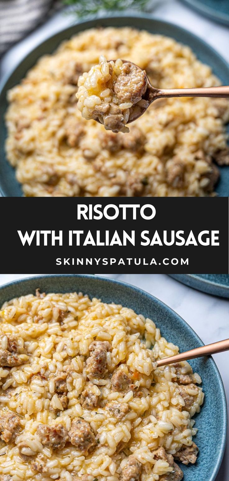 risotto with italian sausage served on a blue plate