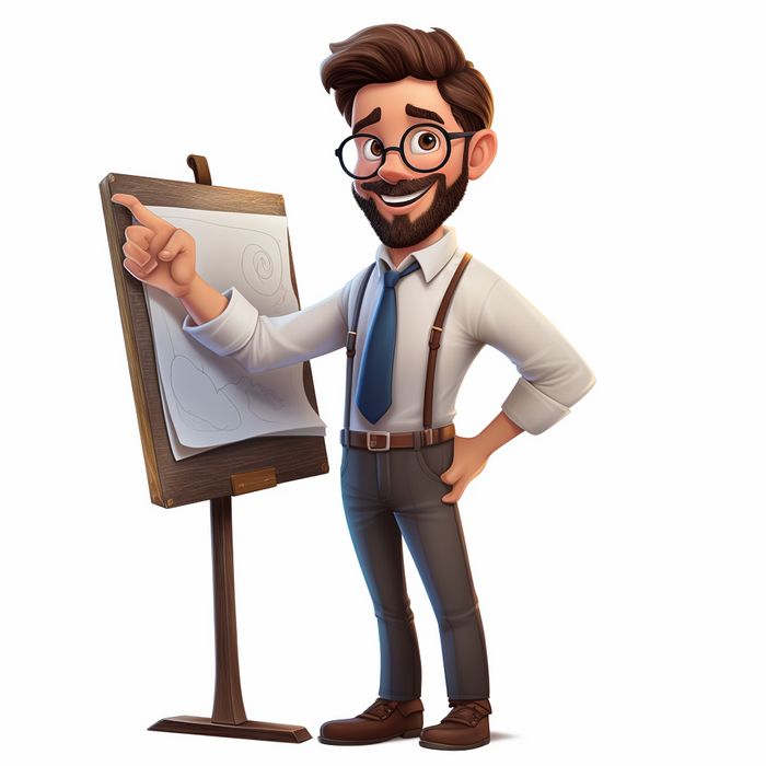 a cartoon man with glasses pointing at a drawing on a easel and wearing suspenders