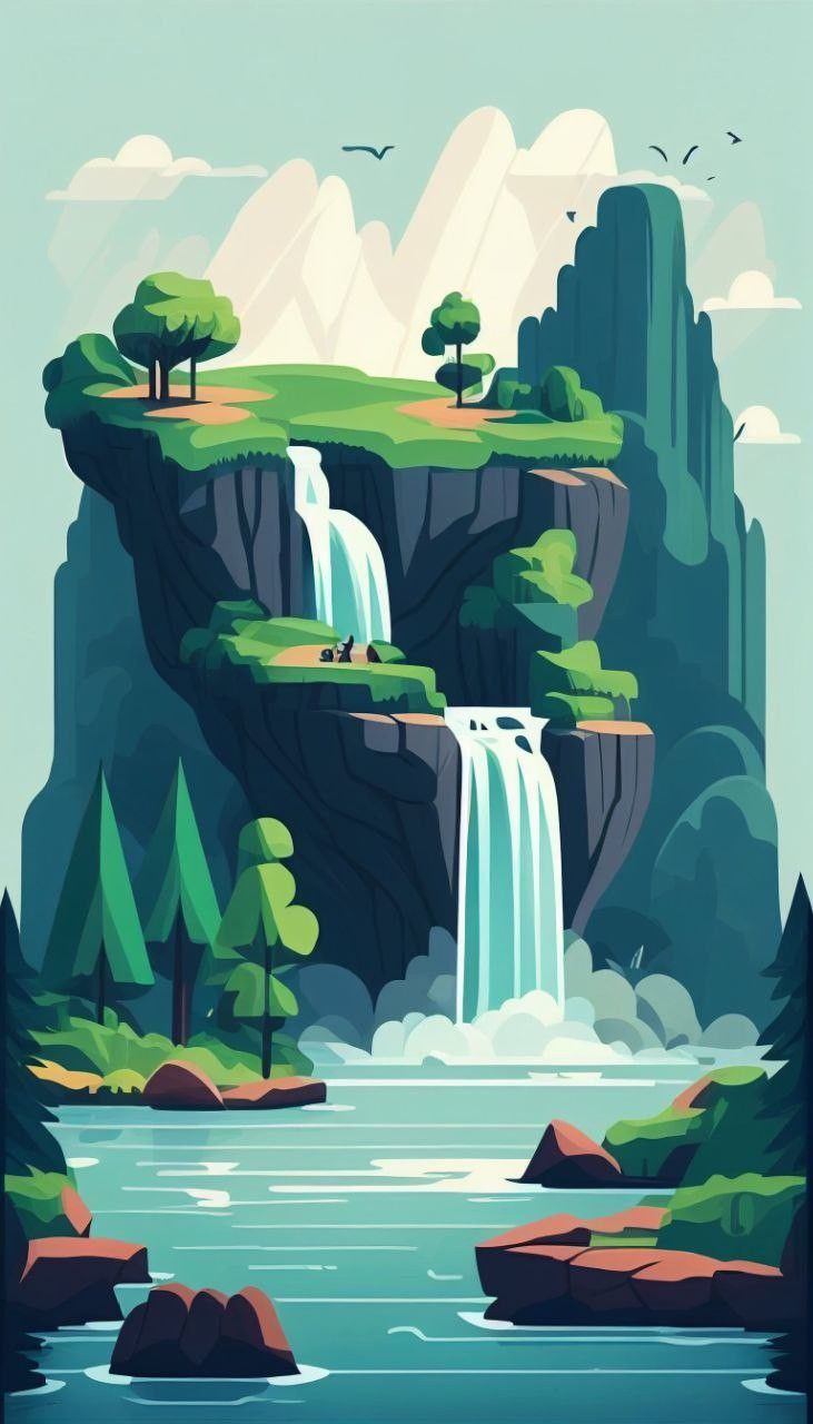 an illustration of a waterfall with trees and mountains in the background