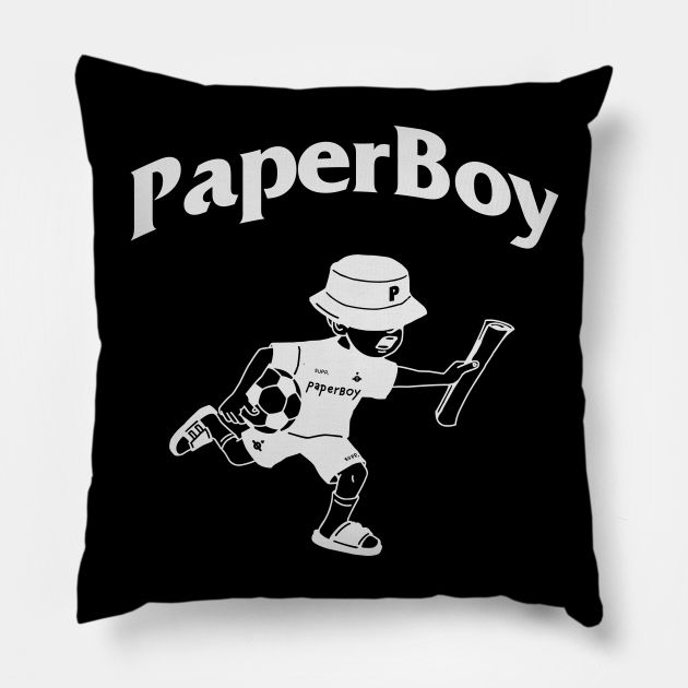 a black pillow with a white image of a boy holding a baseball bat and wearing a hat