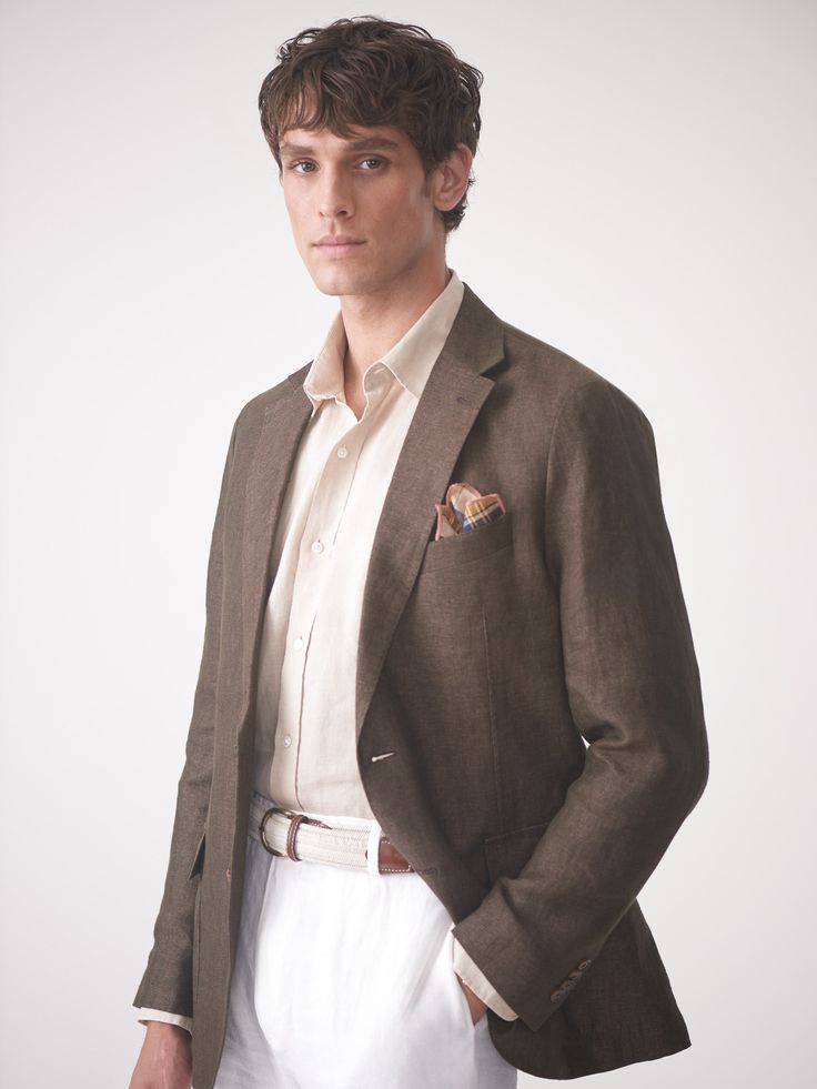 Soft-shouldered tailoring and world-class fabric. This 100% linen piece honors an era when men showed up for most of life in a sport coat-and often looked damn good doing it. Features a flap pocket. | J.McLaughlin Men's McCown Linen Sport Coat in Herringbone Brown, Size 42 Tailored Linen Blazer With Welt Pockets, Linen Business Blazer With Welt Pockets, Business Linen Blazer With Welt Pockets, Linen Blazer With Welt Pockets For Business, Classic Linen Blazer With Pockets, Linen Blazer With Welt Pockets For Professional Wear, Timeless Linen Blazer For Business Casual, Timeless Linen Outerwear With Pockets, Tailored Brown Linen Blazer